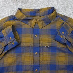 REI Co-op Shirt Mens Large Blue/Gold Plaid Sahara Flannel Stretch Long Sleeve